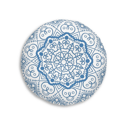 Floor Cushion Handmade Mandala Art - Steel Blue - Drawn by Hand - Tufted Floor Pillow, Round - Blululi