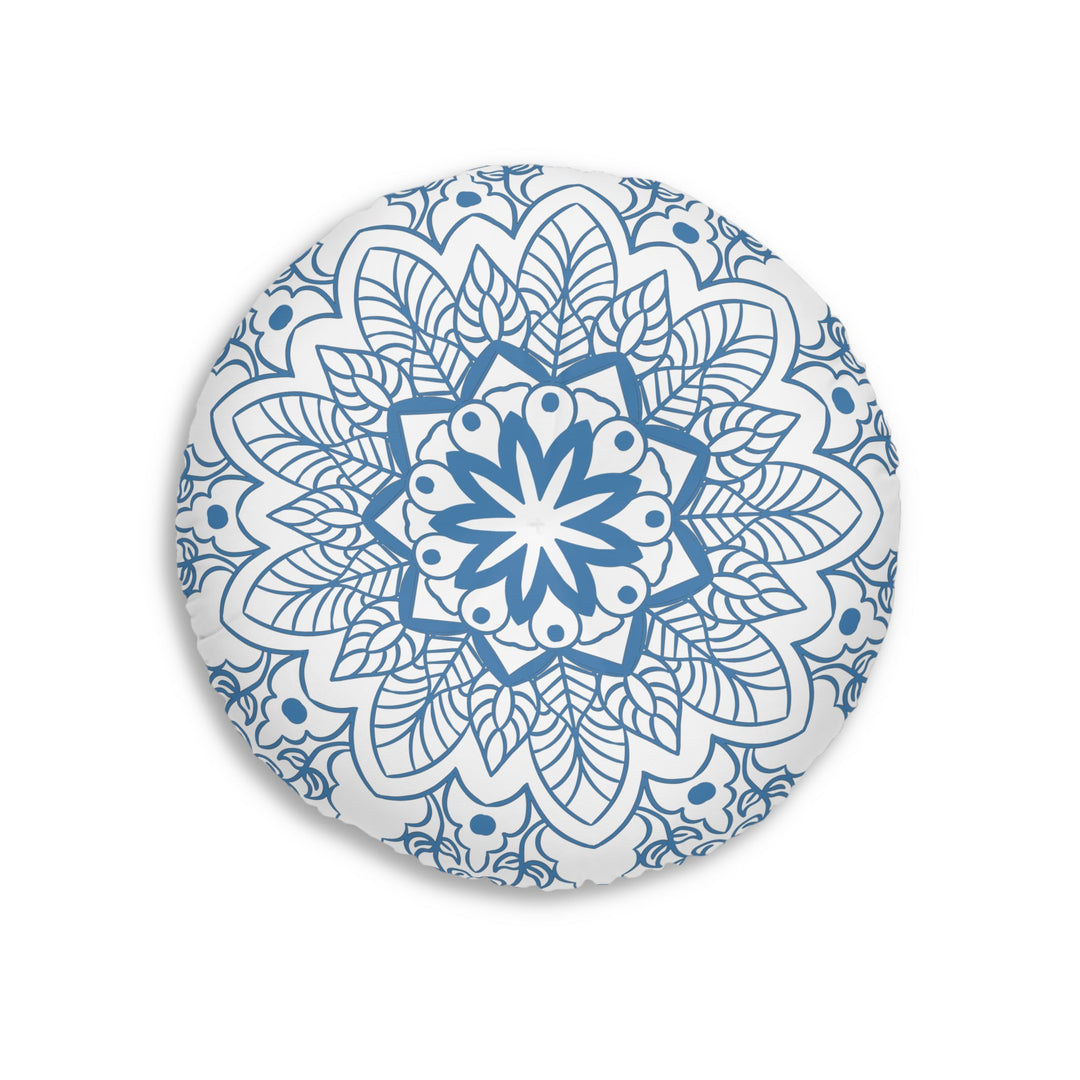 Floor Cushion Handmade Mandala Art - Steel Blue - Drawn by Hand - Tufted Floor Pillow, Round - Blululi