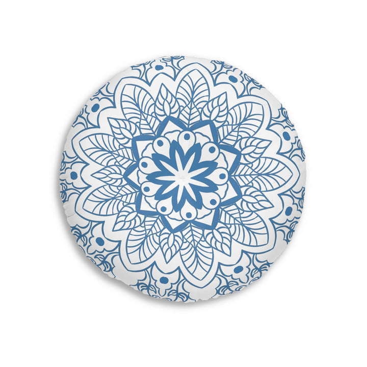 Floor Cushion Handmade Mandala Art - Steel Blue - Drawn by Hand - Tufted Floor Pillow, Round - Blululi