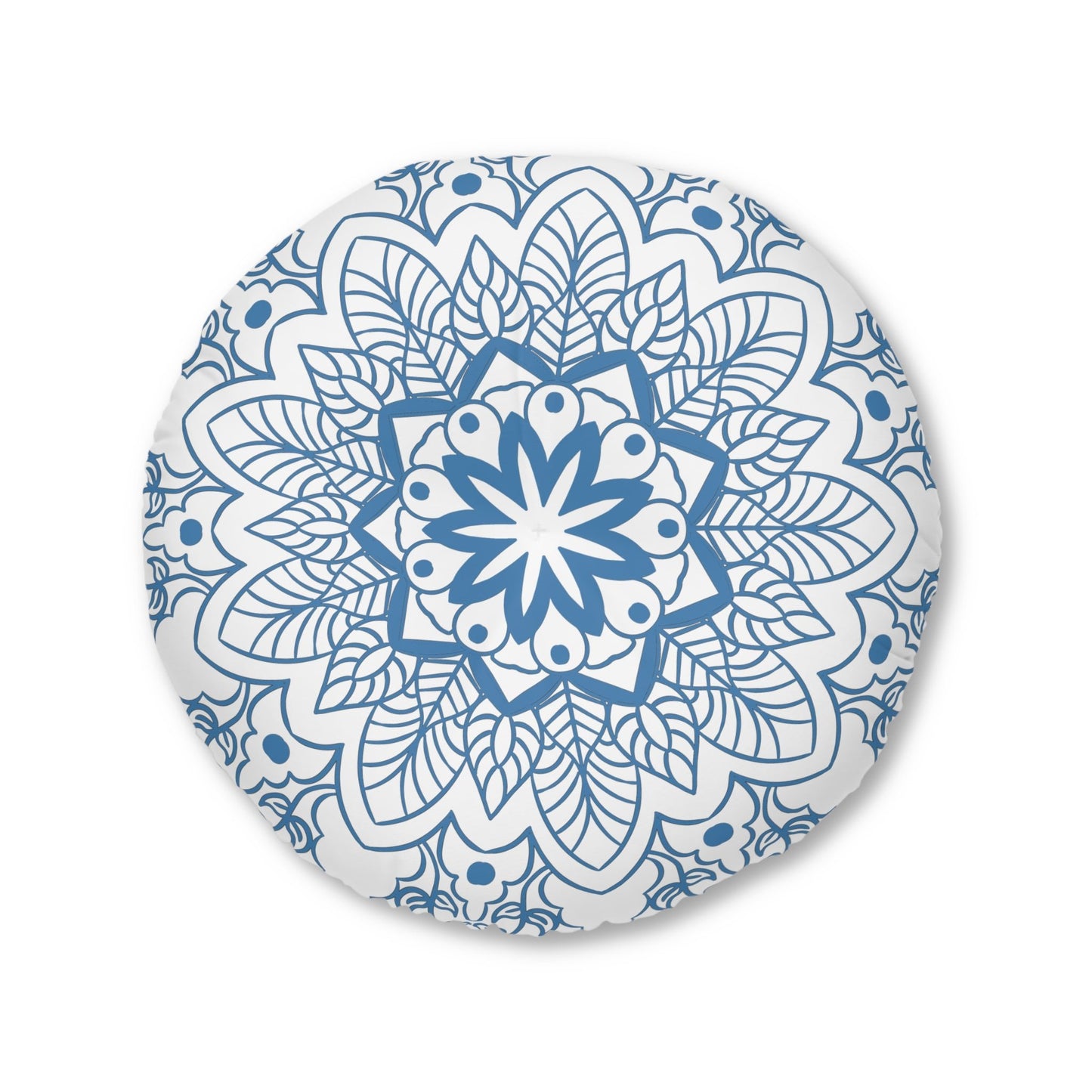 Floor Cushion Handmade Mandala Art - Steel Blue - Drawn by Hand - Tufted Floor Pillow, Round - Blululi