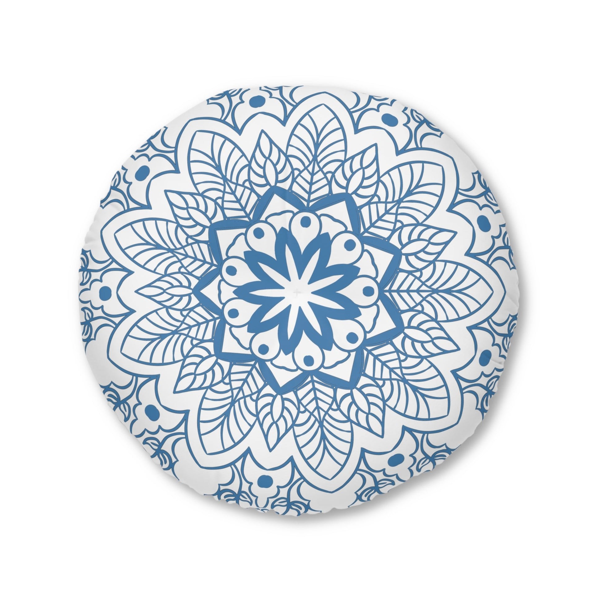 Floor Cushion Handmade Mandala Art - Steel Blue - Drawn by Hand - Tufted Floor Pillow, Round - Blululi