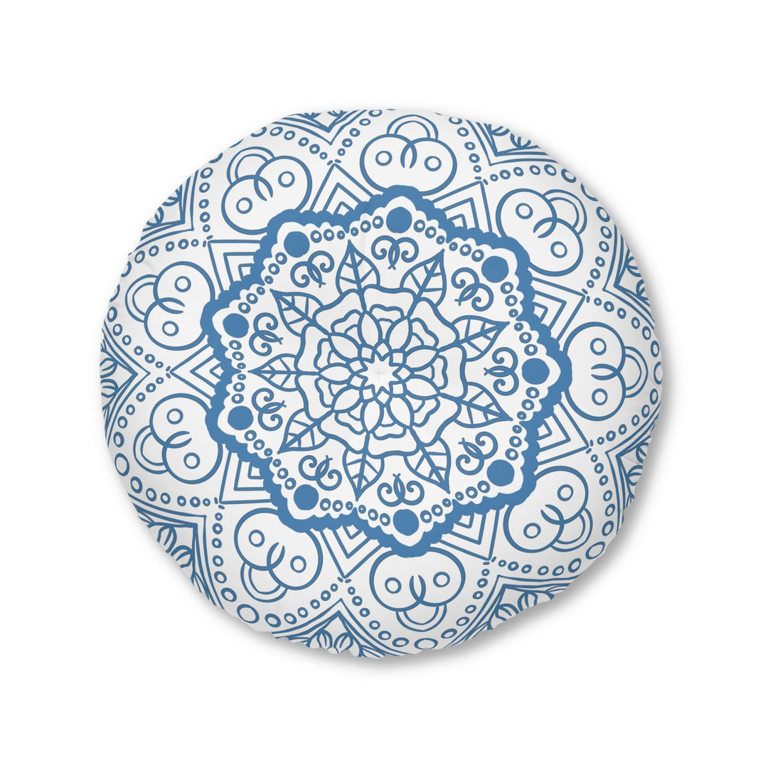 Floor Cushion Handmade Mandala Art - Steel Blue - Drawn by Hand - Tufted Floor Pillow, Round - Blululi