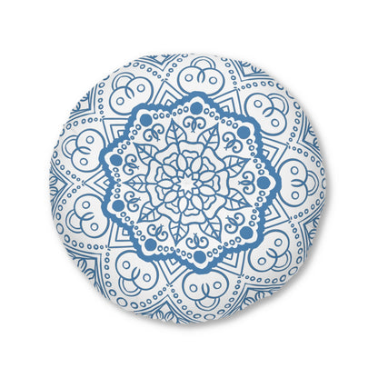 Floor Cushion Handmade Mandala Art - Steel Blue - Drawn by Hand - Tufted Floor Pillow, Round - Blululi