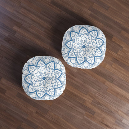 Floor Cushion Handmade Mandala Art - Steel Blue - Drawn by Hand - Tufted Floor Pillow, Round - Blululi