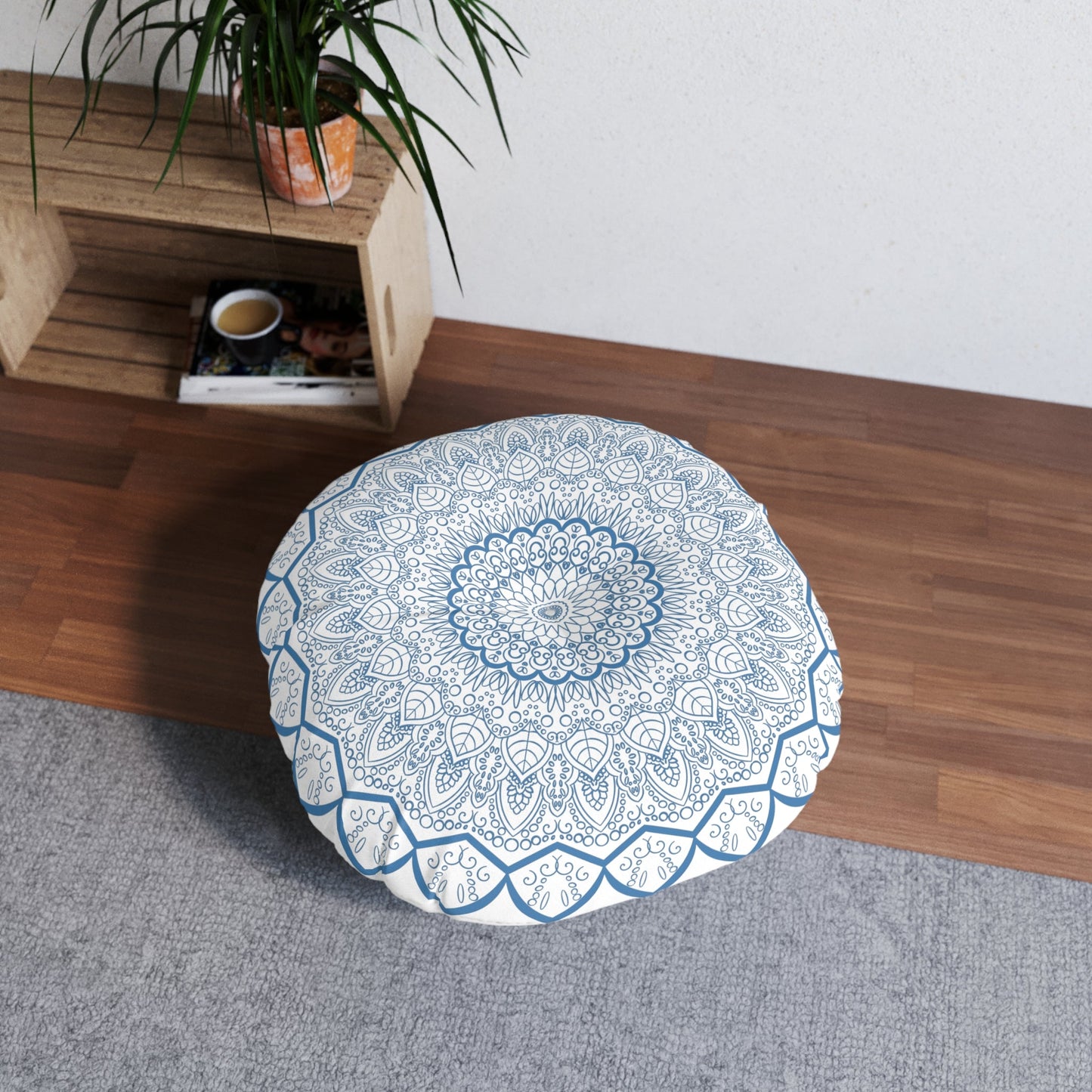 Floor Cushion Handmade Mandala Art - Steel Blue - Drawn by Hand - Tufted Floor Pillow, Round - Blululi