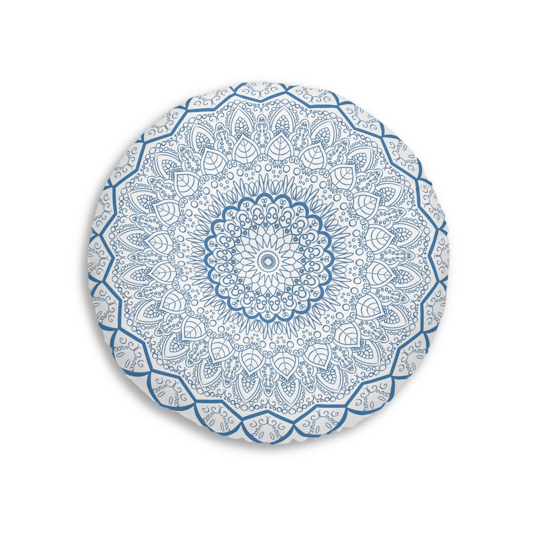 Floor Cushion Handmade Mandala Art - Steel Blue - Drawn by Hand - Tufted Floor Pillow, Round - Blululi