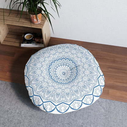 Floor Cushion Handmade Mandala Art - Steel Blue - Drawn by Hand - Tufted Floor Pillow, Round - Blululi