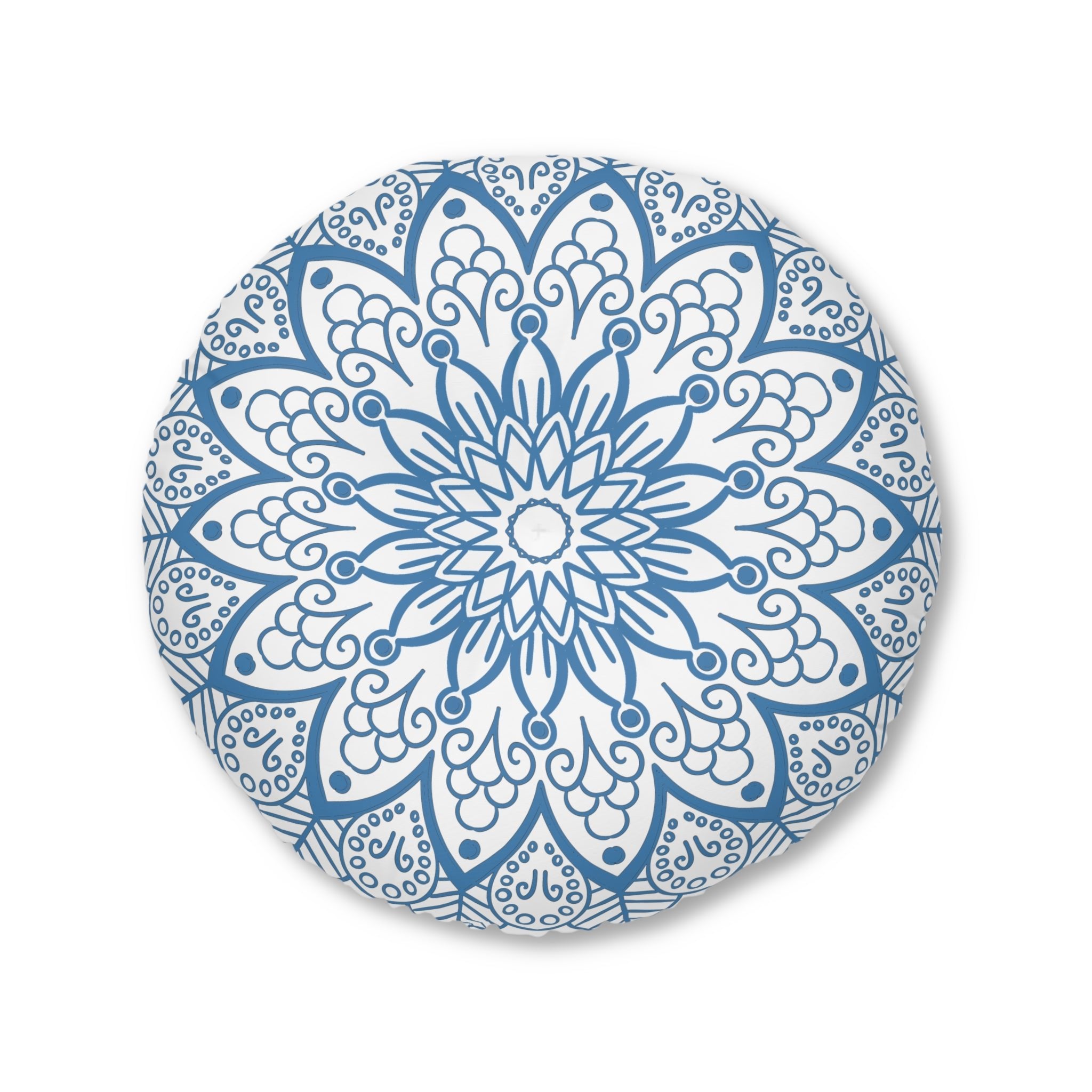 Floor Cushion Handmade Mandala Art - Steel Blue - Drawn by Hand - Tufted Floor Pillow, Round - Blululi