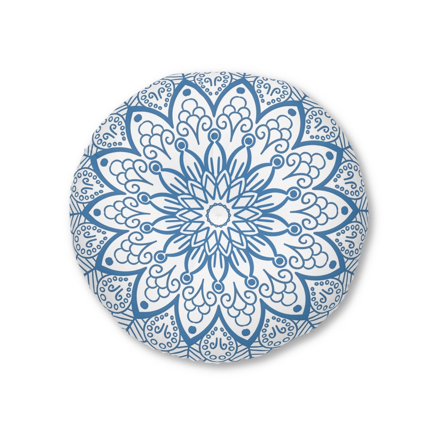 Floor Cushion Handmade Mandala Art - Steel Blue - Drawn by Hand - Tufted Floor Pillow, Round - Blululi