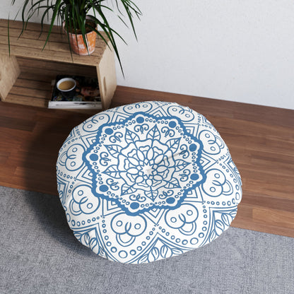 Floor Cushion Handmade Mandala Art - Steel Blue - Drawn by Hand - Tufted Floor Pillow, Round - Blululi