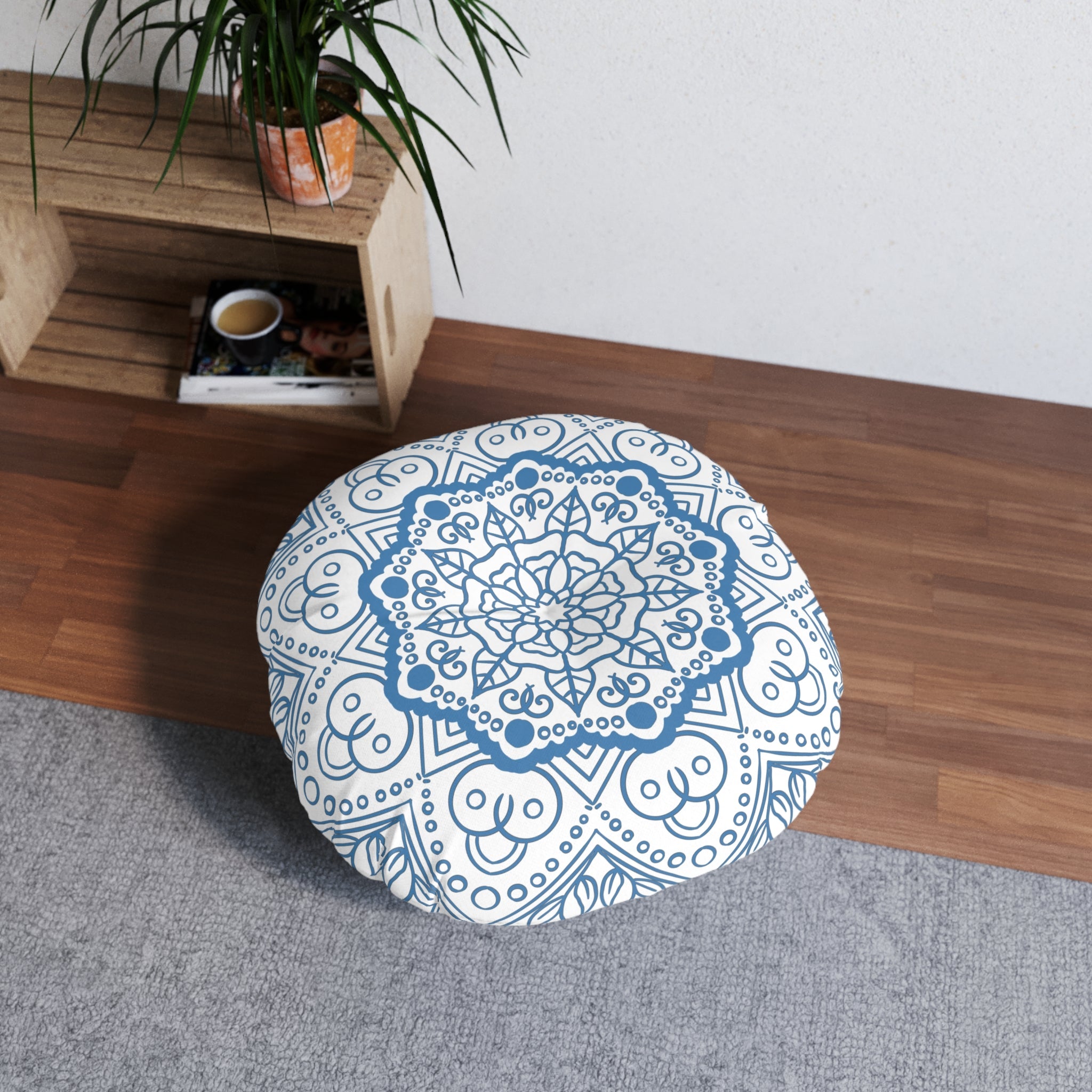 Floor Cushion Handmade Mandala Art - Steel Blue - Drawn by Hand - Tufted Floor Pillow, Round - Blululi