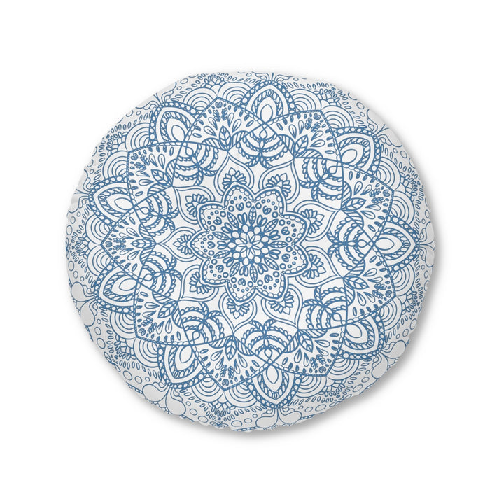 Floor Cushion Handmade Mandala Art - Steel Blue - Drawn by Hand - Tufted Floor Pillow, Round - Blululi