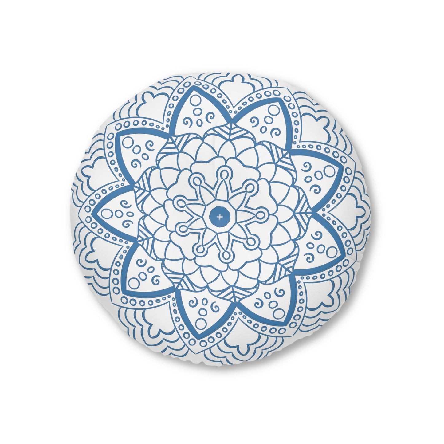 Floor Cushion Handmade Mandala Art - Steel Blue - Drawn by Hand - Tufted Floor Pillow, Round - Blululi