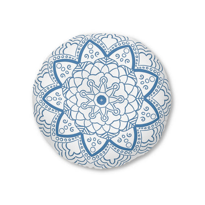 Floor Cushion Handmade Mandala Art - Steel Blue - Drawn by Hand - Tufted Floor Pillow, Round - Blululi