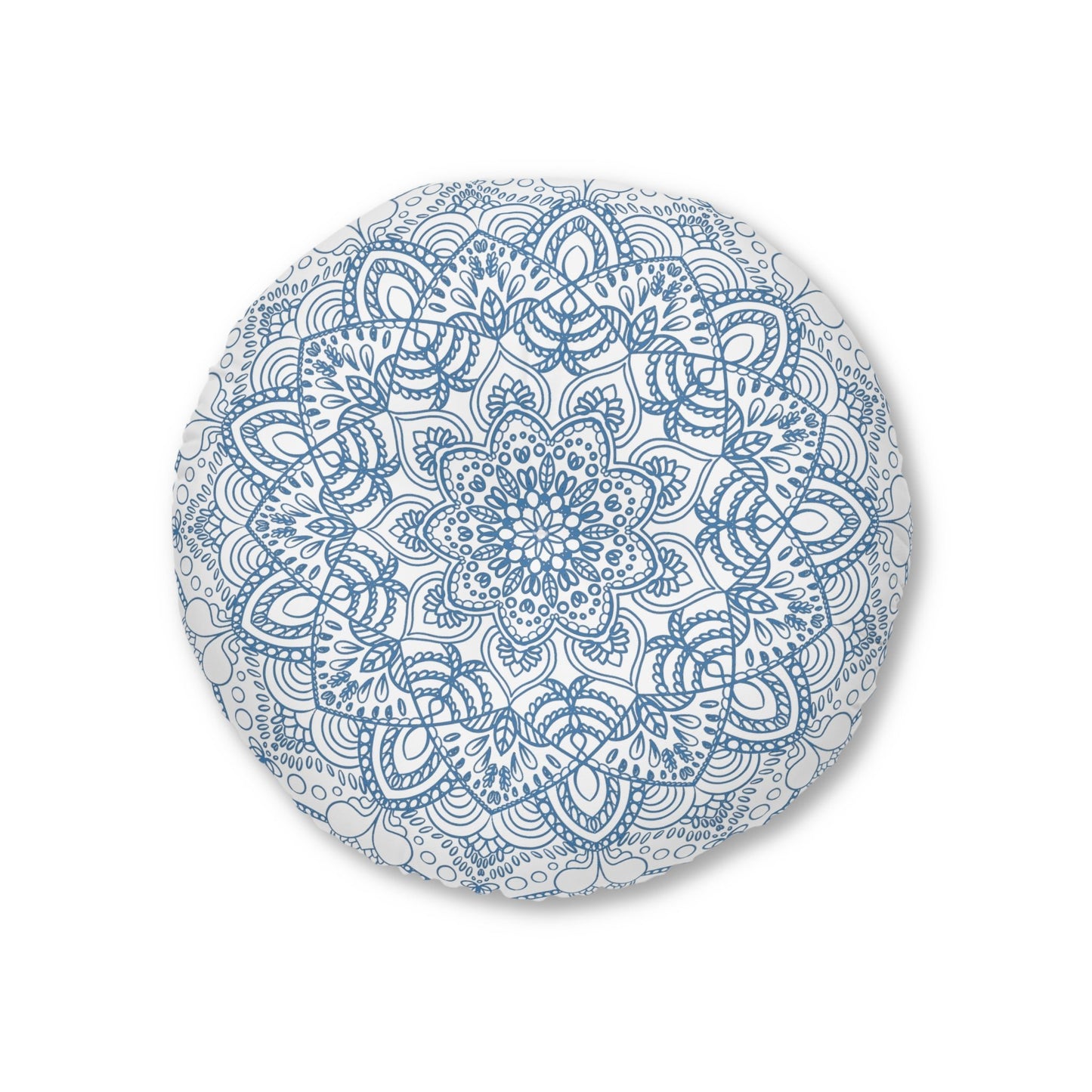 Floor Cushion Handmade Mandala Art - Steel Blue - Drawn by Hand - Tufted Floor Pillow, Round - Blululi