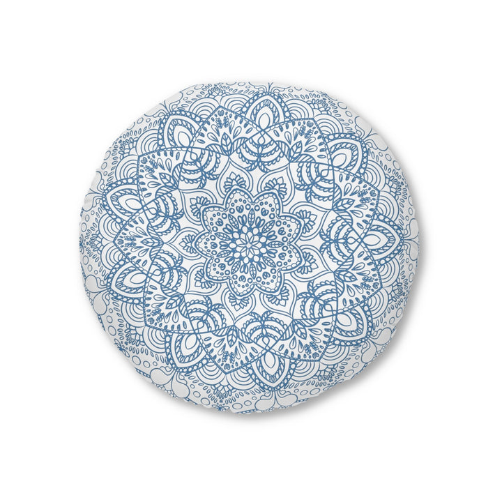 Floor Cushion Handmade Mandala Art - Steel Blue - Drawn by Hand - Tufted Floor Pillow, Round - Blululi