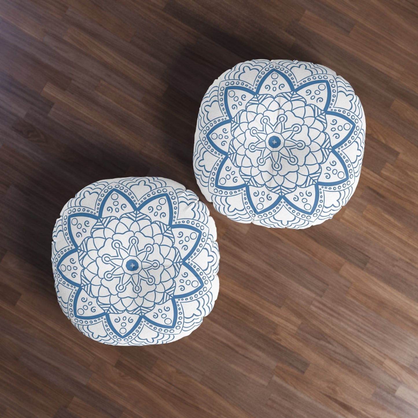 Floor Cushion Handmade Mandala Art - Steel Blue - Drawn by Hand - Tufted Floor Pillow, Round - Blululi