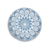 Floor Cushion Handmade Mandala Art - Steel Blue - Drawn by Hand - Tufted Floor Pillow, Round - Blululi