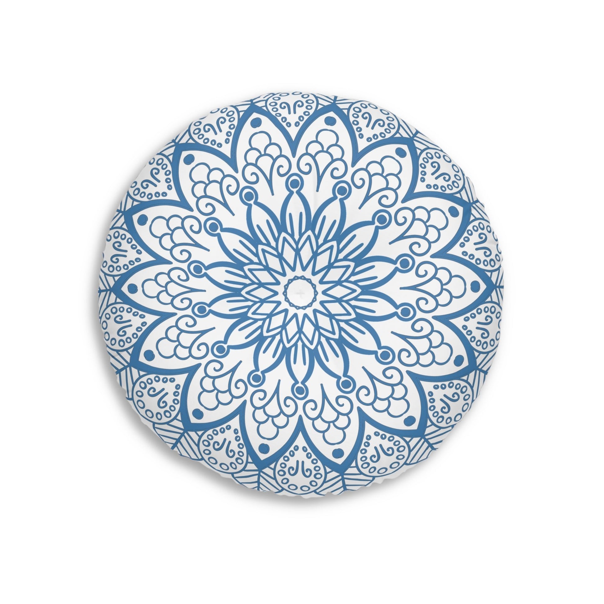 Floor Cushion Handmade Mandala Art - Steel Blue - Drawn by Hand - Tufted Floor Pillow, Round - Blululi