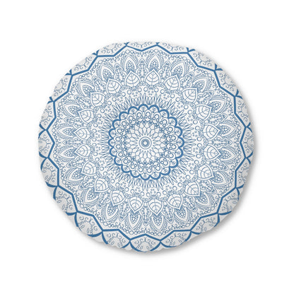 Floor Cushion Handmade Mandala Art - Steel Blue - Drawn by Hand - Tufted Floor Pillow, Round - Blululi