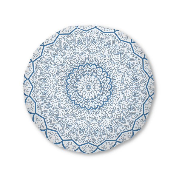Floor Cushion Handmade Mandala Art - Steel Blue - Drawn by Hand - Tufted Floor Pillow, Round - Blululi