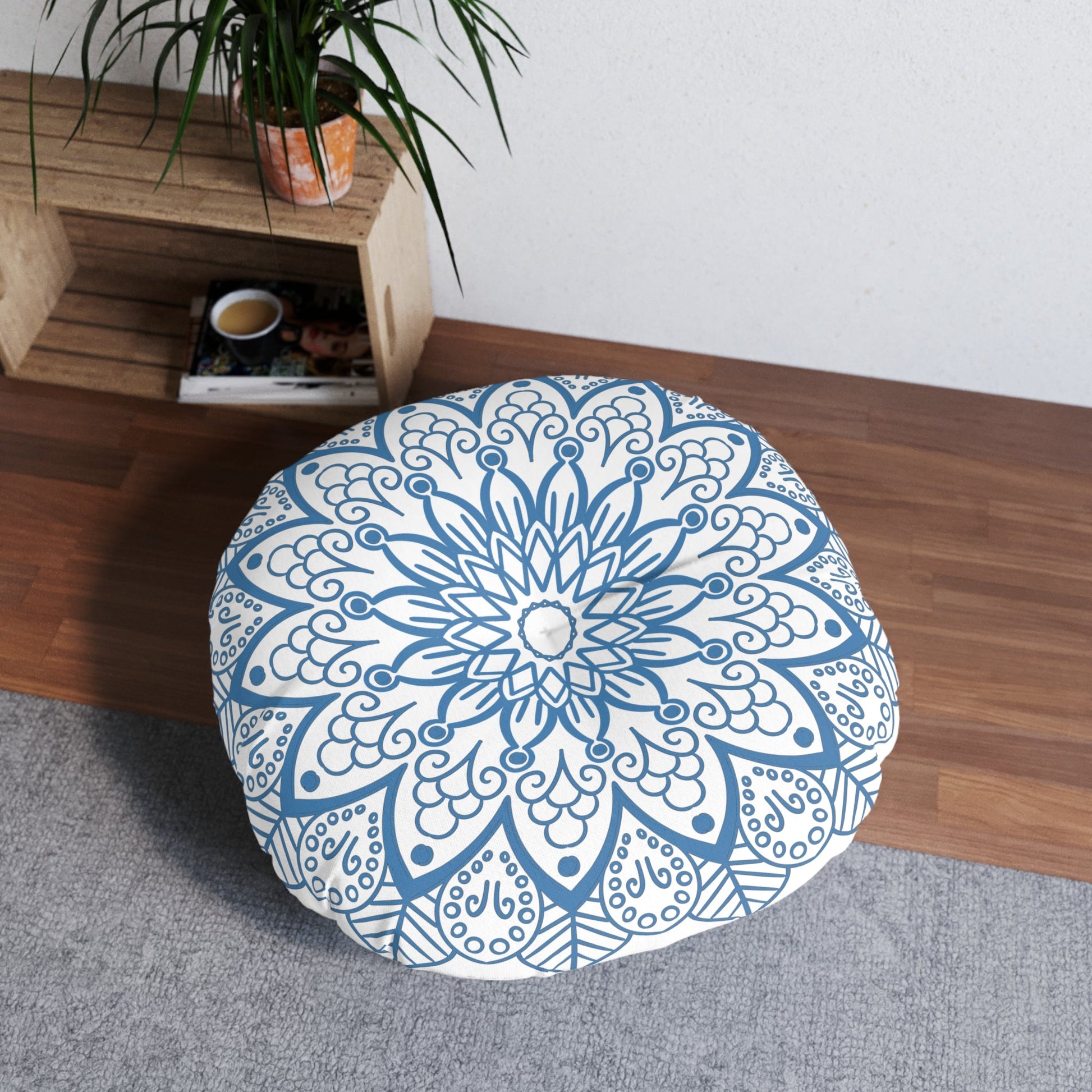 Floor Cushion Handmade Mandala Art - Steel Blue - Drawn by Hand - Tufted Floor Pillow, Round - Blululi