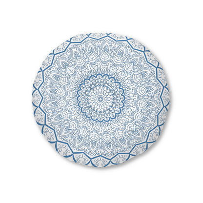 Floor Cushion Handmade Mandala Art - Steel Blue - Drawn by Hand - Tufted Floor Pillow, Round - Blululi