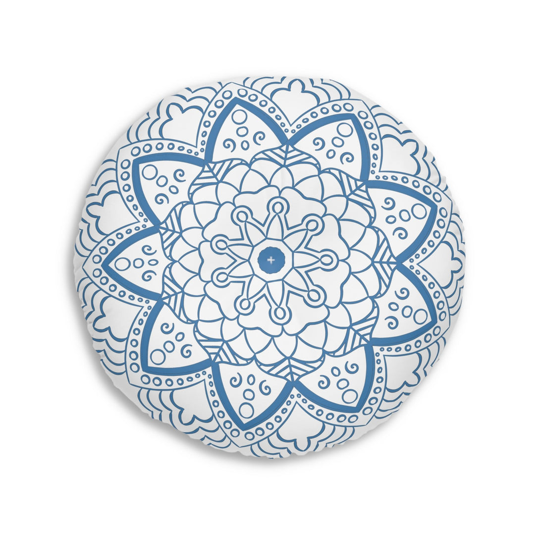 Floor Cushion Handmade Mandala Art - Steel Blue - Drawn by Hand - Tufted Floor Pillow, Round - Blululi