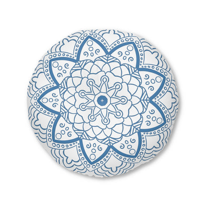 Floor Cushion Handmade Mandala Art - Steel Blue - Drawn by Hand - Tufted Floor Pillow, Round - Blululi