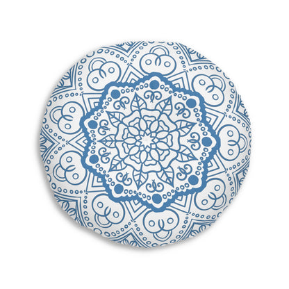 Floor Cushion Handmade Mandala Art - Steel Blue - Drawn by Hand - Tufted Floor Pillow, Round - Blululi