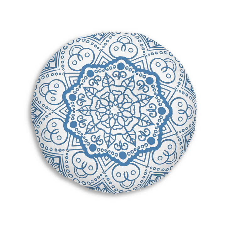 Floor Cushion Handmade Mandala Art - Steel Blue - Drawn by Hand - Tufted Floor Pillow, Round - Blululi