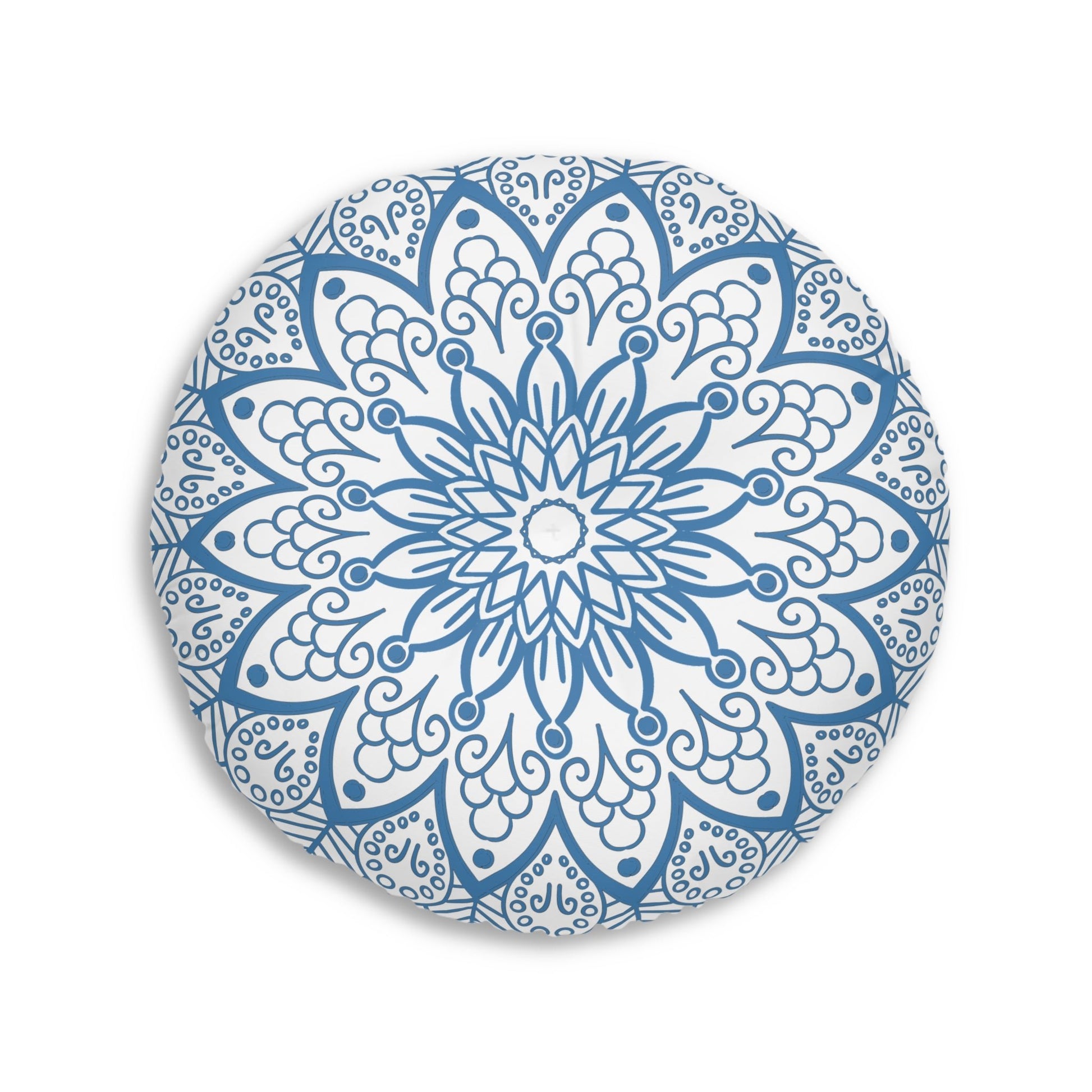 Floor Cushion Handmade Mandala Art - Steel Blue - Drawn by Hand - Tufted Floor Pillow, Round - Blululi