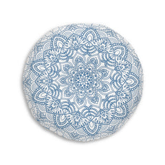 Floor Cushion Handmade Mandala Art - Steel Blue - Drawn by Hand - Tufted Floor Pillow, Round - Blululi