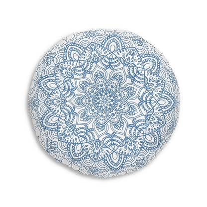 Floor Cushion Handmade Mandala Art - Steel Blue - Drawn by Hand - Tufted Floor Pillow, Round - Blululi