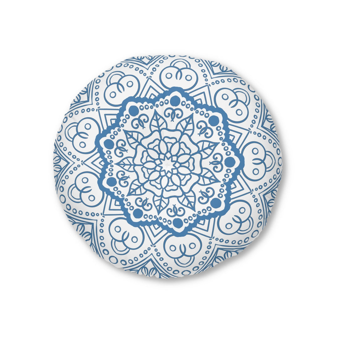 Floor Cushion Handmade Mandala Art - Steel Blue - Drawn by Hand - Tufted Floor Pillow, Round - Blululi