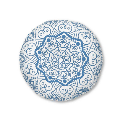 Floor Cushion Handmade Mandala Art - Steel Blue - Drawn by Hand - Tufted Floor Pillow, Round - Blululi