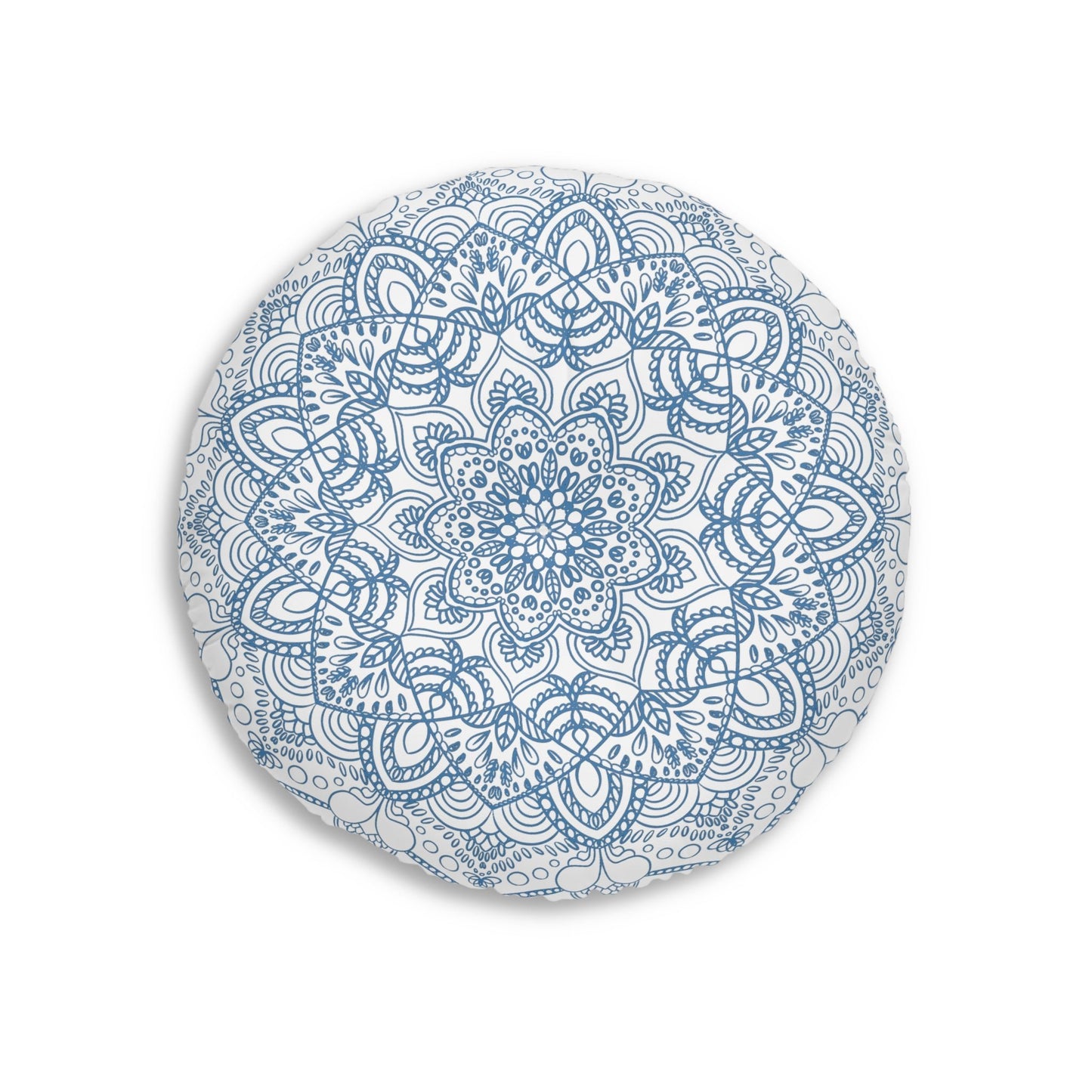 Floor Cushion Handmade Mandala Art - Steel Blue - Drawn by Hand - Tufted Floor Pillow, Round - Blululi