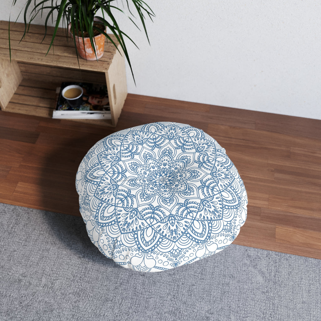 Floor Cushion Handmade Mandala Art - Steel Blue - Drawn by Hand - Tufted Floor Pillow, Round - Blululi