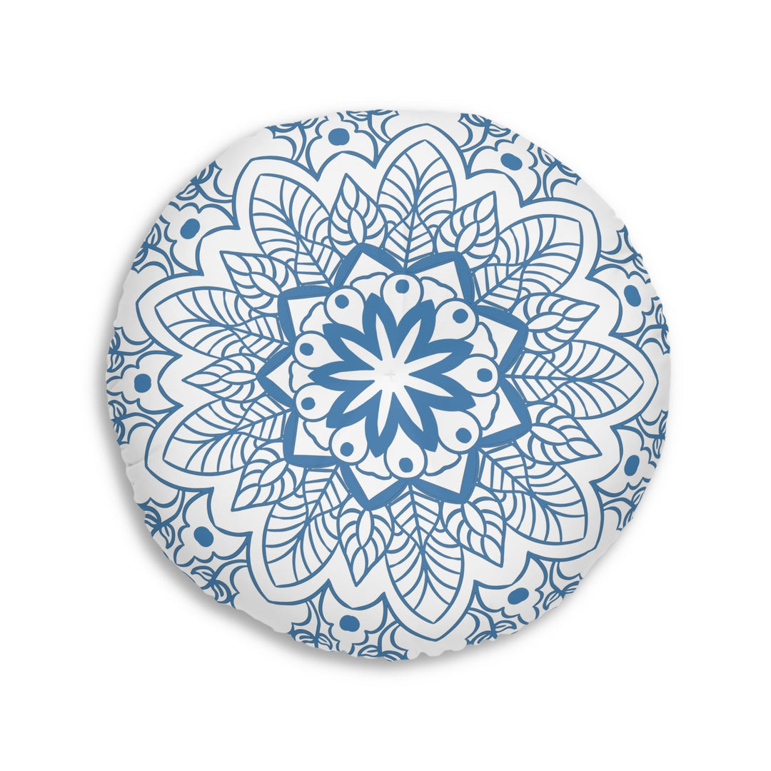 Floor Cushion Handmade Mandala Art - Steel Blue - Drawn by Hand - Tufted Floor Pillow, Round - Blululi