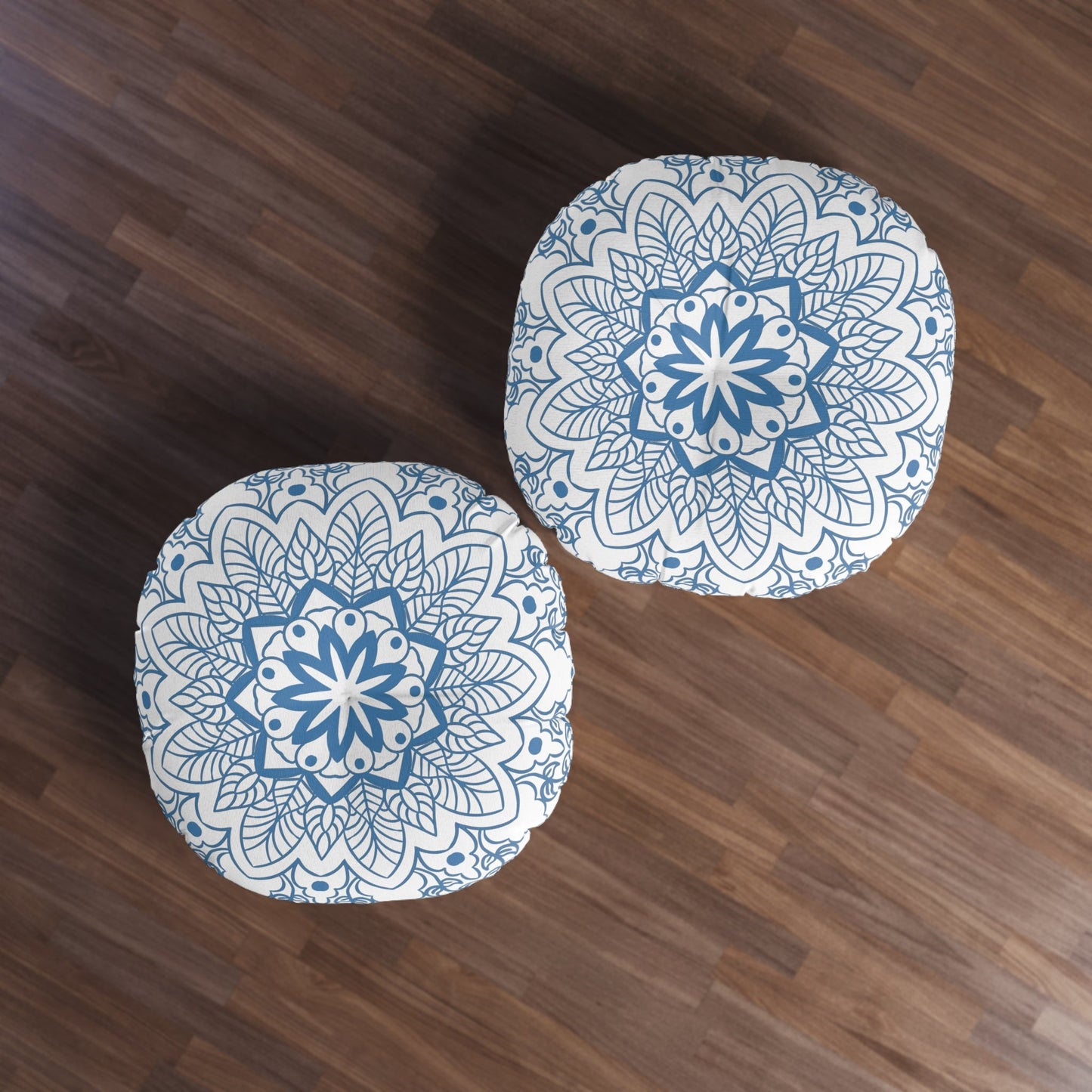 Floor Cushion Handmade Mandala Art - Steel Blue - Drawn by Hand - Tufted Floor Pillow, Round - Blululi