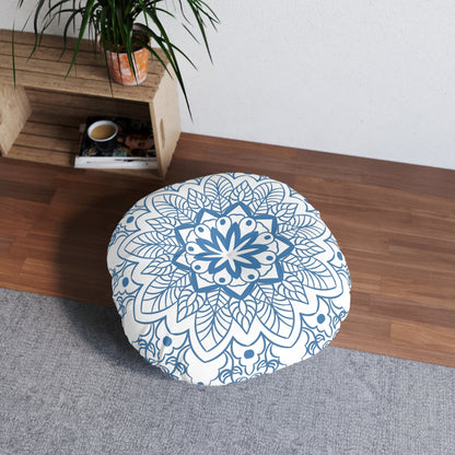 Floor Cushion Handmade Mandala Art - Steel Blue - Drawn by Hand - Tufted Floor Pillow, Round - Blululi