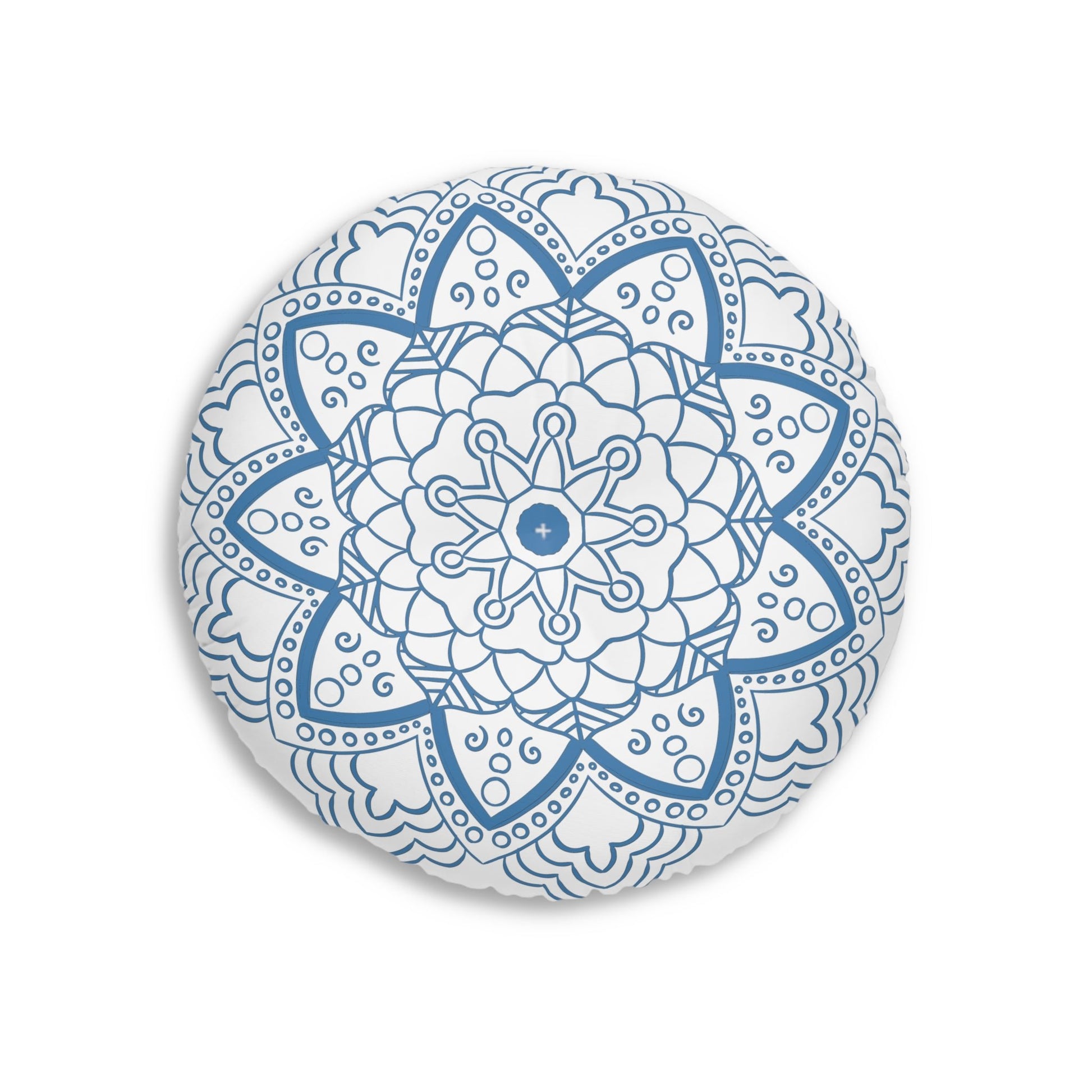 Floor Cushion Handmade Mandala Art - Steel Blue - Drawn by Hand - Tufted Floor Pillow, Round - Blululi