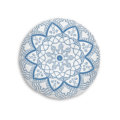 Floor Cushion Handmade Mandala Art - Steel Blue - Drawn by Hand - Tufted Floor Pillow, Round - Blululi