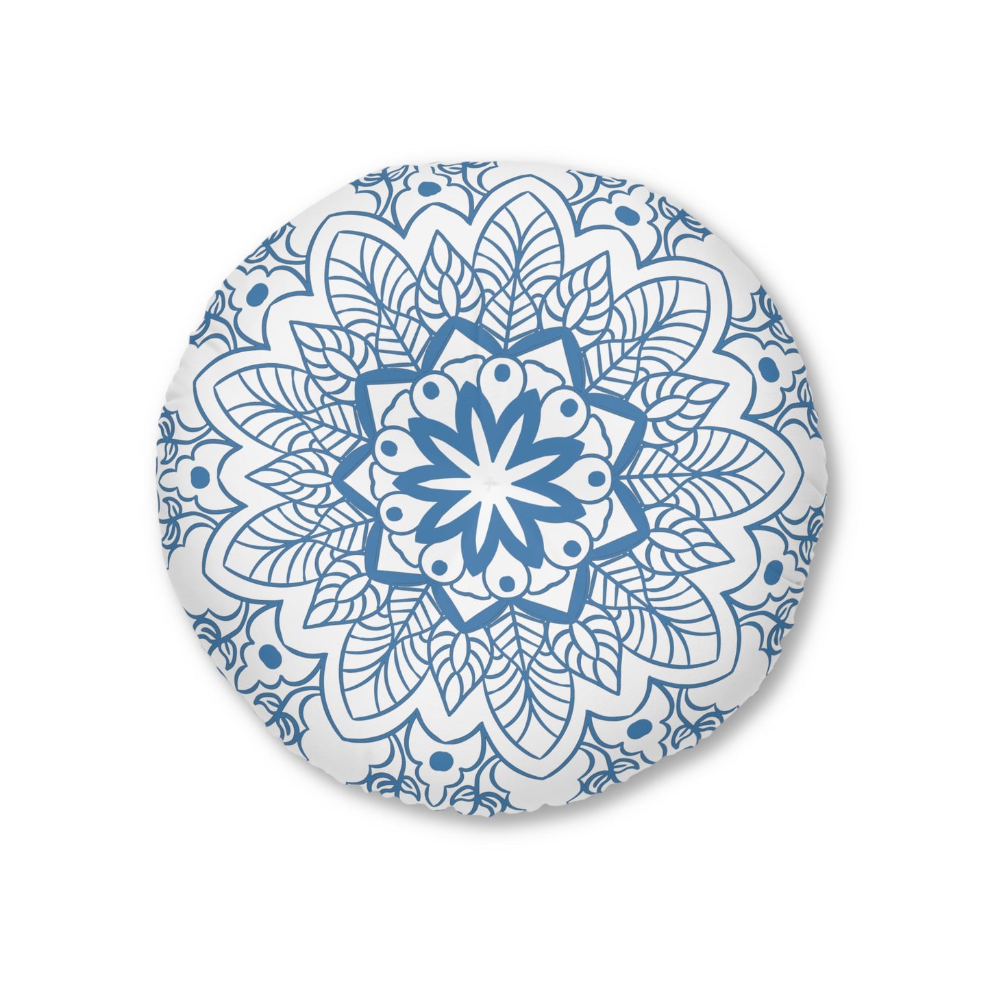 Floor Cushion Handmade Mandala Art - Steel Blue - Drawn by Hand - Tufted Floor Pillow, Round - Blululi