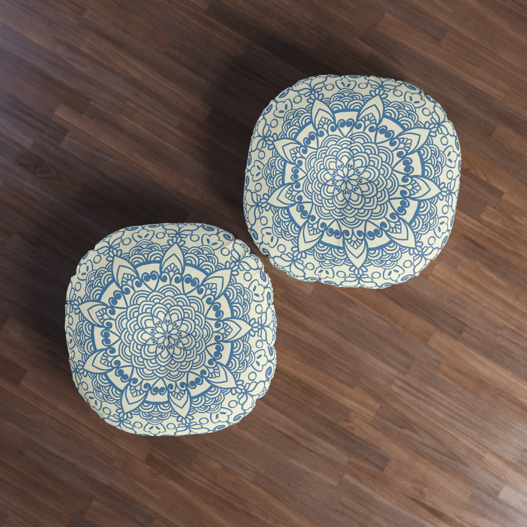 Floor Cushion Handmade Mandala Art - Steel Blue on Beige background - Drawn by Hand - Tufted Floor Pillow, Round - Blululi