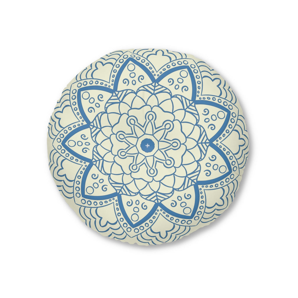 Floor Cushion Handmade Mandala Art - Steel Blue on Beige background - Drawn by Hand - Tufted Floor Pillow, Round - Blululi