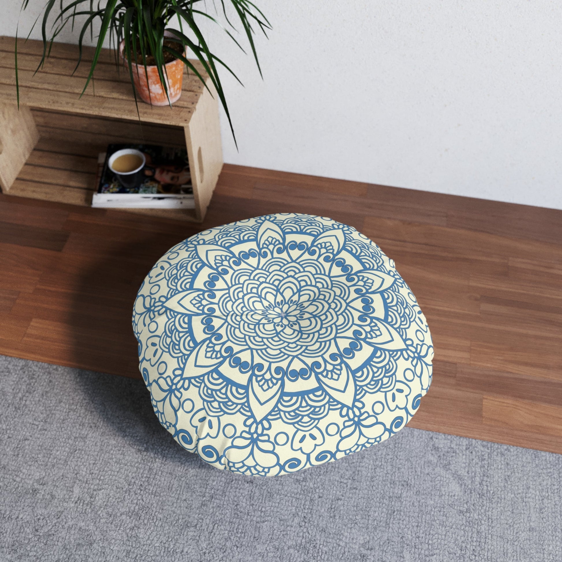 Floor Cushion Handmade Mandala Art - Steel Blue on Beige background - Drawn by Hand - Tufted Floor Pillow, Round - Blululi