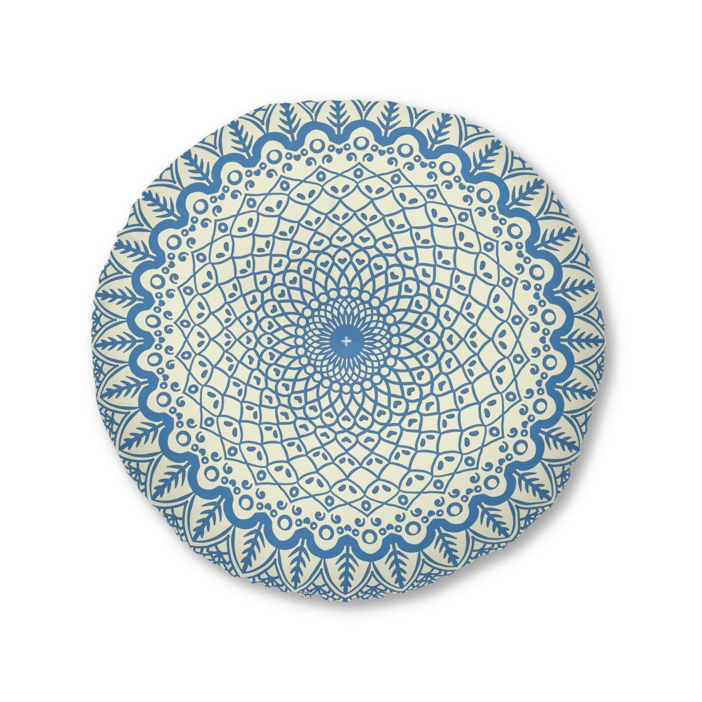 Floor Cushion Handmade Mandala Art - Steel Blue on Beige background - Drawn by Hand - Tufted Floor Pillow, Round - Blululi