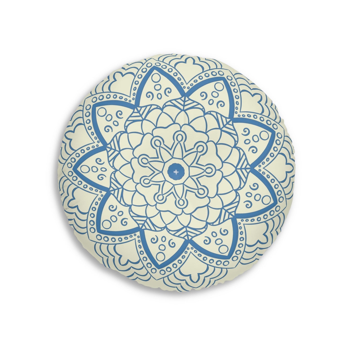 Floor Cushion Handmade Mandala Art - Steel Blue on Beige background - Drawn by Hand - Tufted Floor Pillow, Round - Blululi