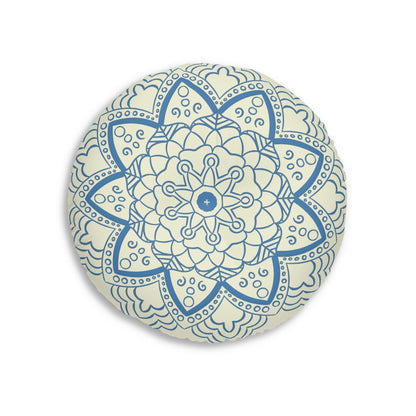 Floor Cushion Handmade Mandala Art - Steel Blue on Beige background - Drawn by Hand - Tufted Floor Pillow, Round - Blululi